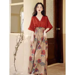 Women 2026 Summer New French Retro V-Neck Waist Slim False Two-Piece Red Dress Dress Female Grace A-Line Dress CLrregular Dress