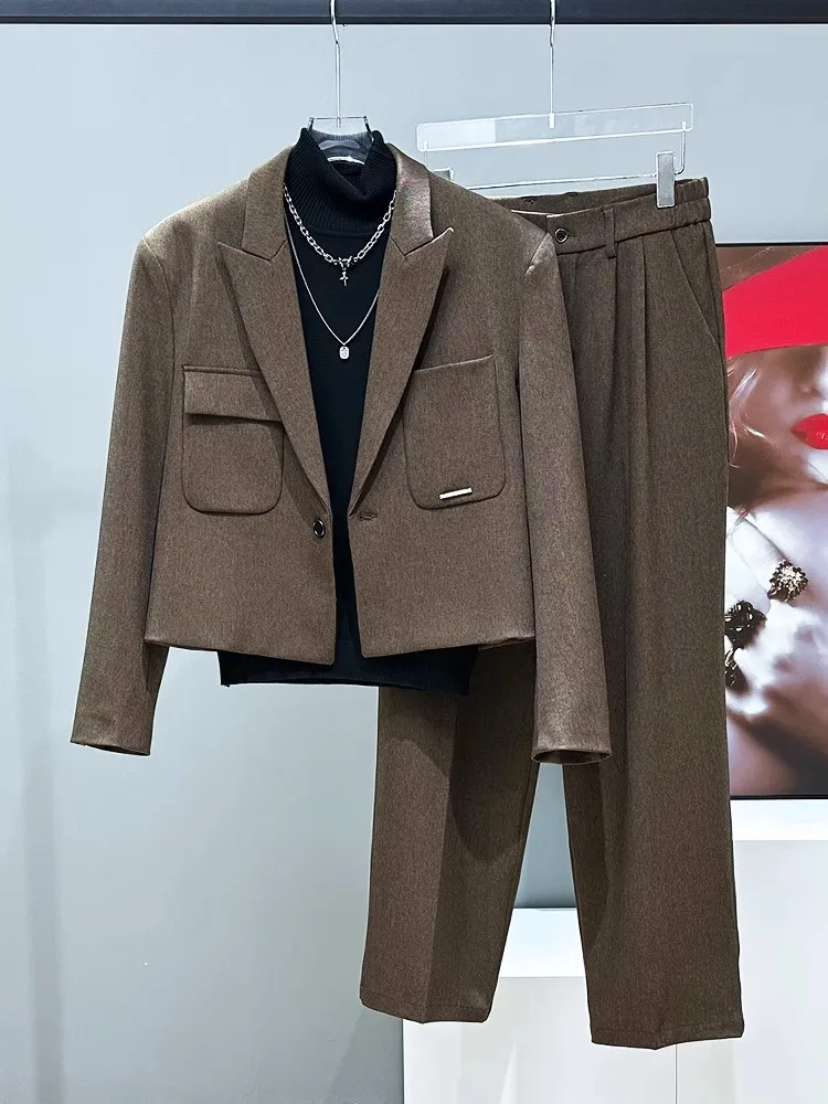 

Fall Winter Casual Sli Men's Suit Jaet Versatile Faionable Trendy Busin Gentleman Stand Fit Two Button Pure Color