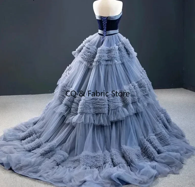 Tela de vestido de pastel de malla suave gris-azul, Material plisado de tul para vestido de pastel y vestido de fiesta hinchado, tela de diseñador