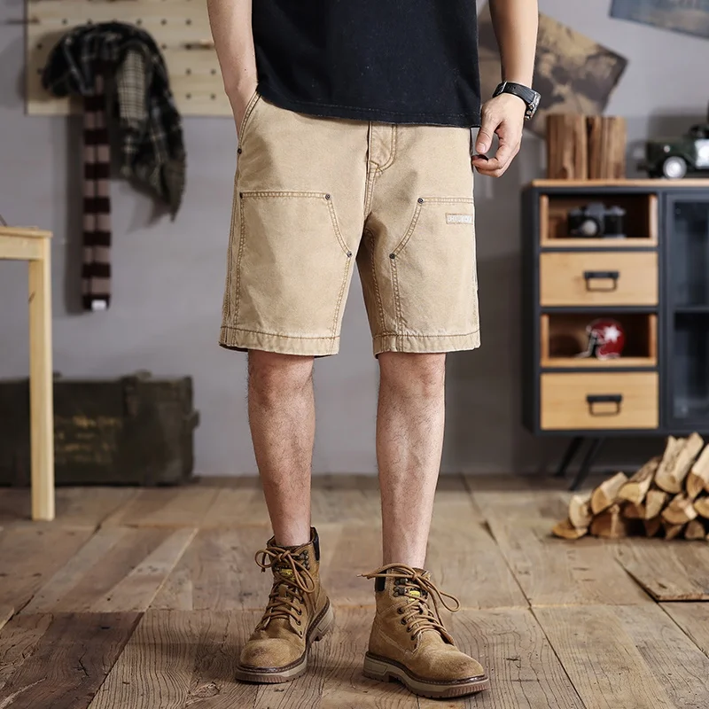 

High-End Casual Loose Fit Yellow Brown Jeans Men's Fashion Brand Workwear Shorts Trendy Patchwork Wear Resistant Five-Quarter...