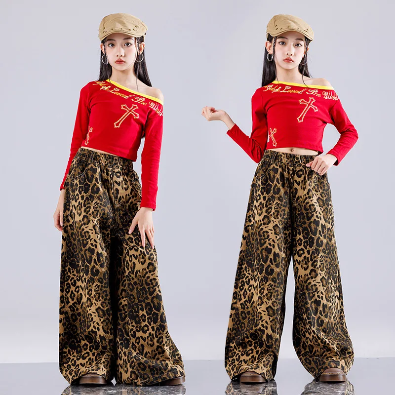 Girls K-pop Crop Top Camouflage Cargo Pants Girl Group Clothes Kid Jazz Street Dance Leopard Slacks Child Hip Hop Streetwear Set