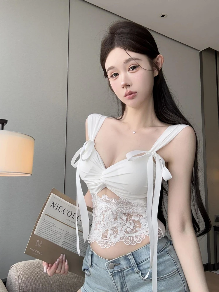 

Sexy Y2k Aesthetic Lace Patchwork Tanks Summer Grunge Cross Pleated Tank Top 2025 Streetwear Bandage Bow Women Cropped Camisole