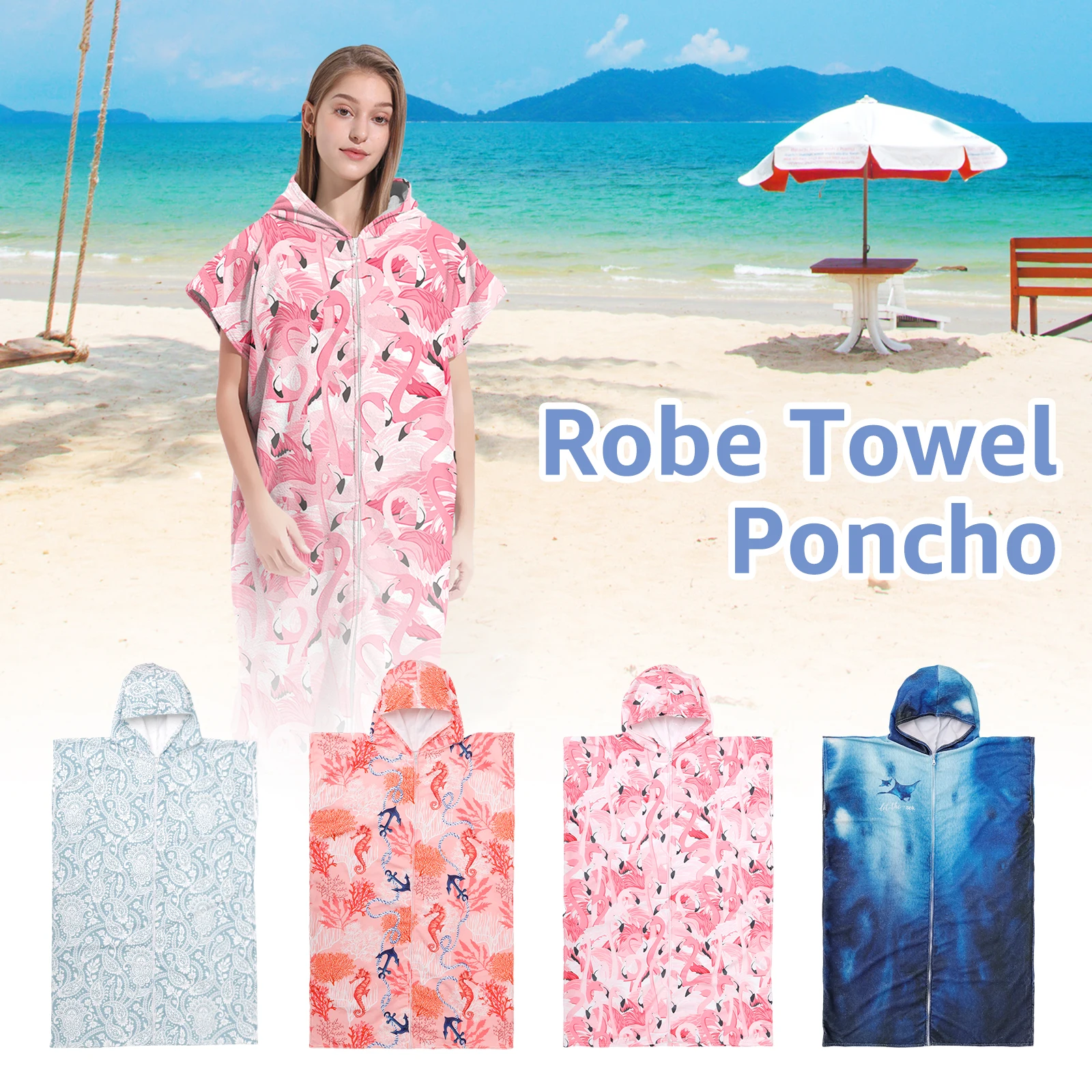 Changing Robe Soft Microfiber Towel Poncho Robe with Hood and Zipper Quick Dry Surf Poncho Portable Changing Towel Robe Towel