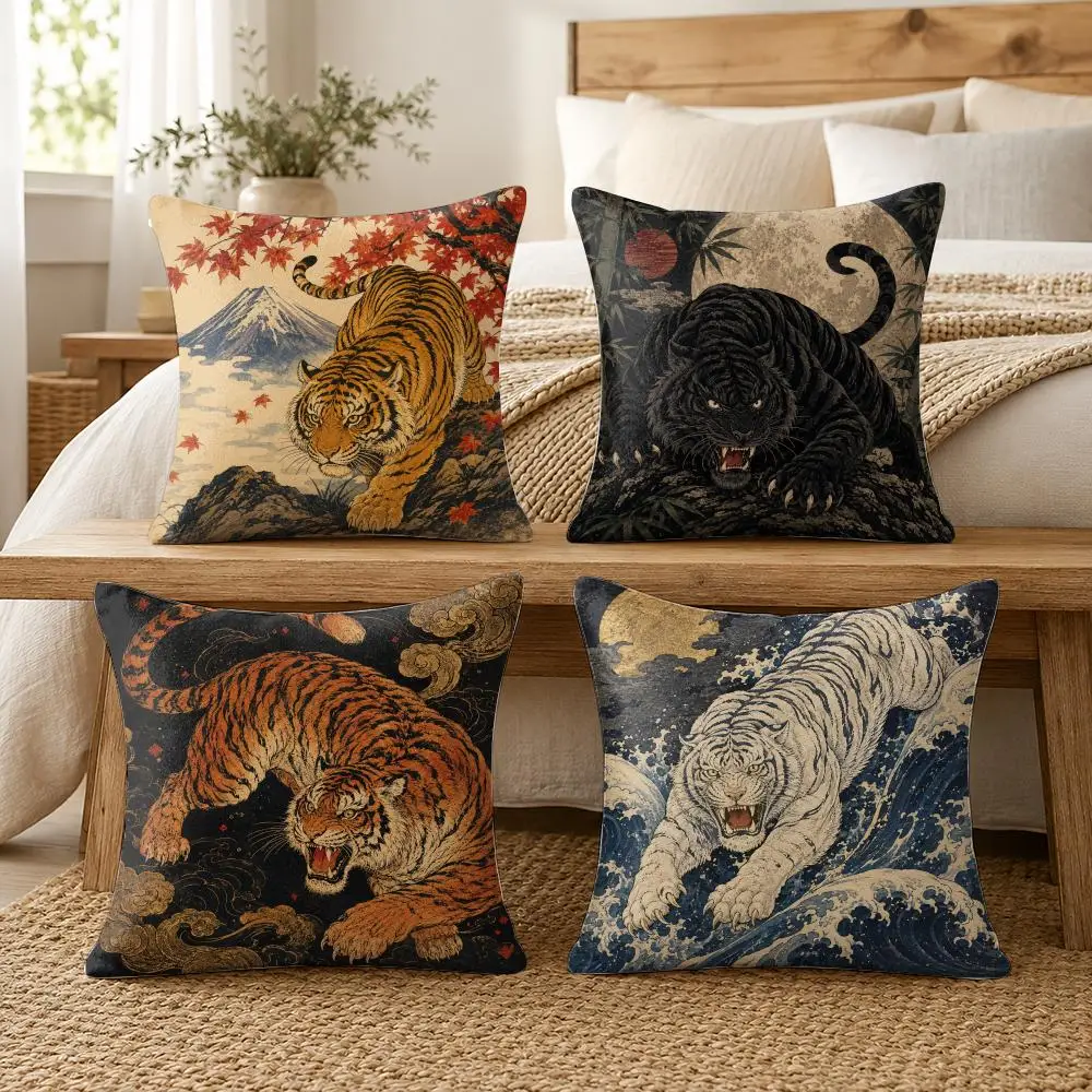 Ukiyoe Tiger Power Cushion Cover Soft Short Plush Pillow Cover Smooth Cozy Texture Cushion Case Home Decor