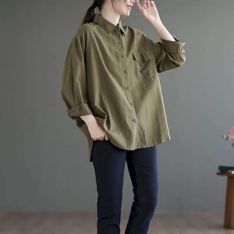 

Рубашки для женщин с воротником-поло, большой однотонный кардиган с длинным рукавом, повседневная корейская модная осенняя однобортная блузка, женские топы