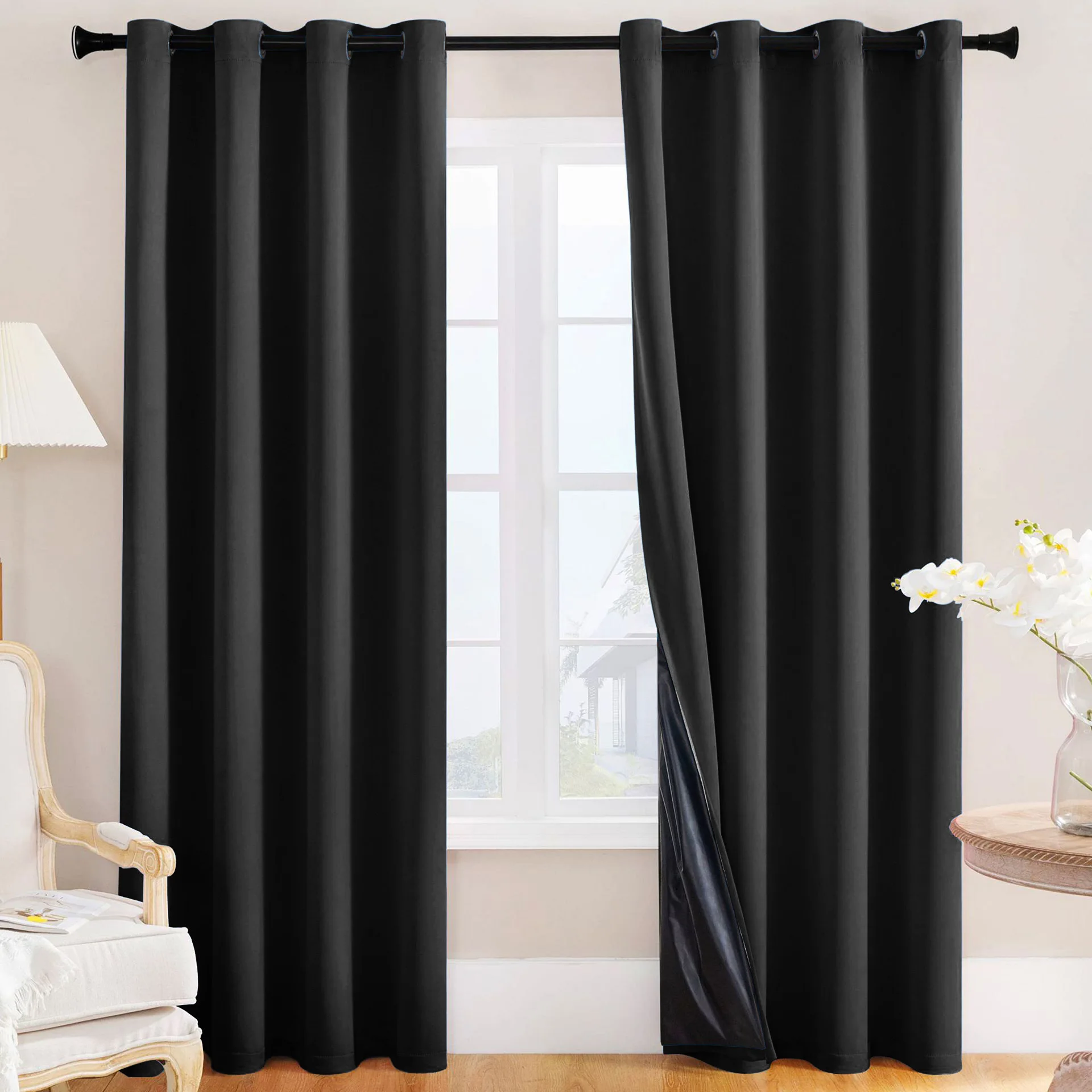 2-piece 100% blackout thermal sunproof curtains, modern solid color polyester material