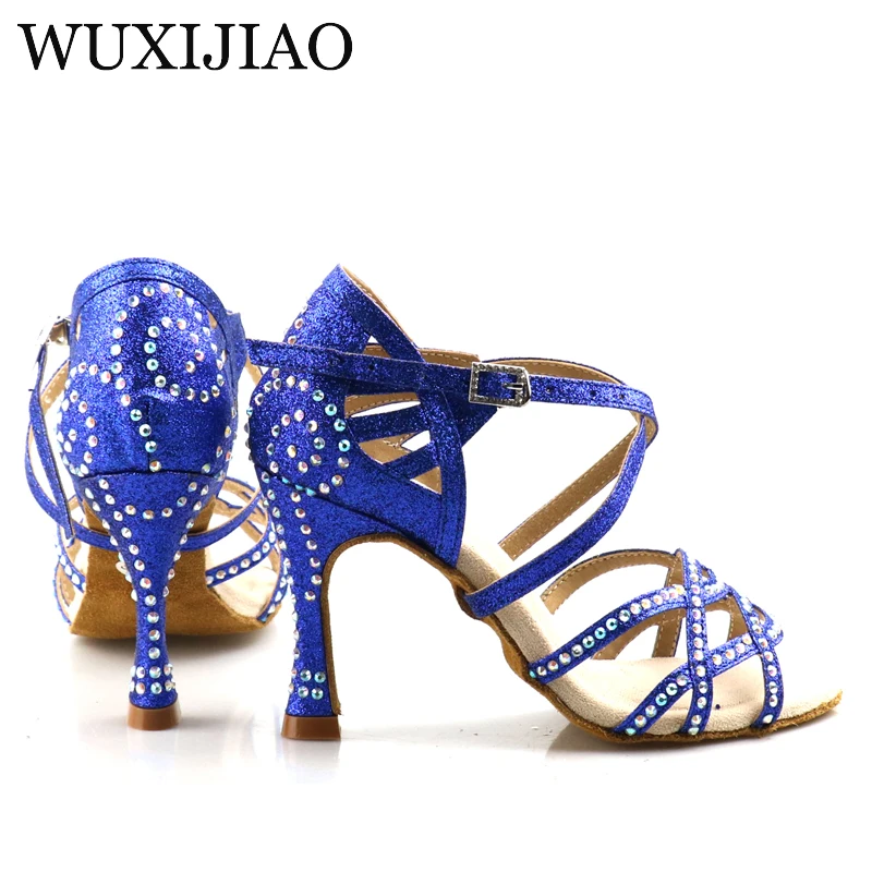 WUXIJIAO 핫 블루 퍼플 플래시 원단 여성용 라틴 댄스 슈즈, 볼룸 댄스 슈즈, 파티 스퀘어 댄스 슈즈, 소프트 힐, 7.5cm