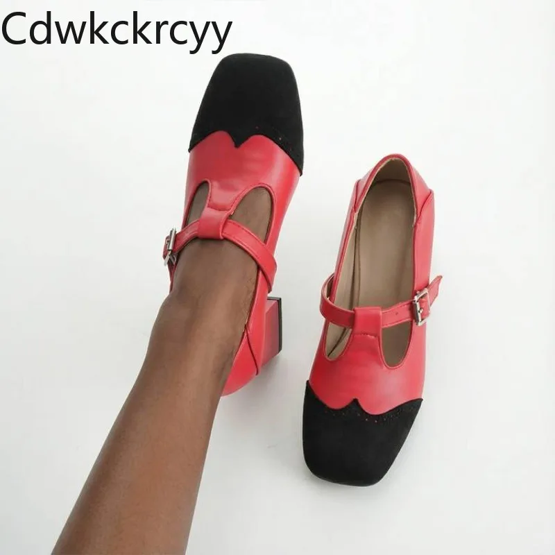 Pumps Frühling Herbst Neuer Stil Mode High Heels Einzelschuhe mit runder Spitze, Farbblockierung, T-förmige Schnalle, Damenschuhe, Höhe 6,5 cm