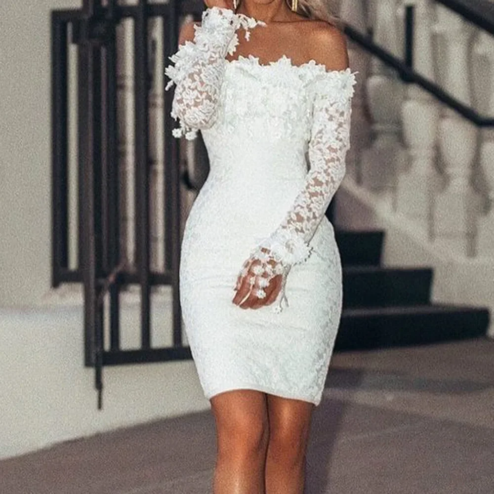 Robe en dentelle blanche à manches longues pour femmes, mini robe courte sexy, fête de mariage, soirée