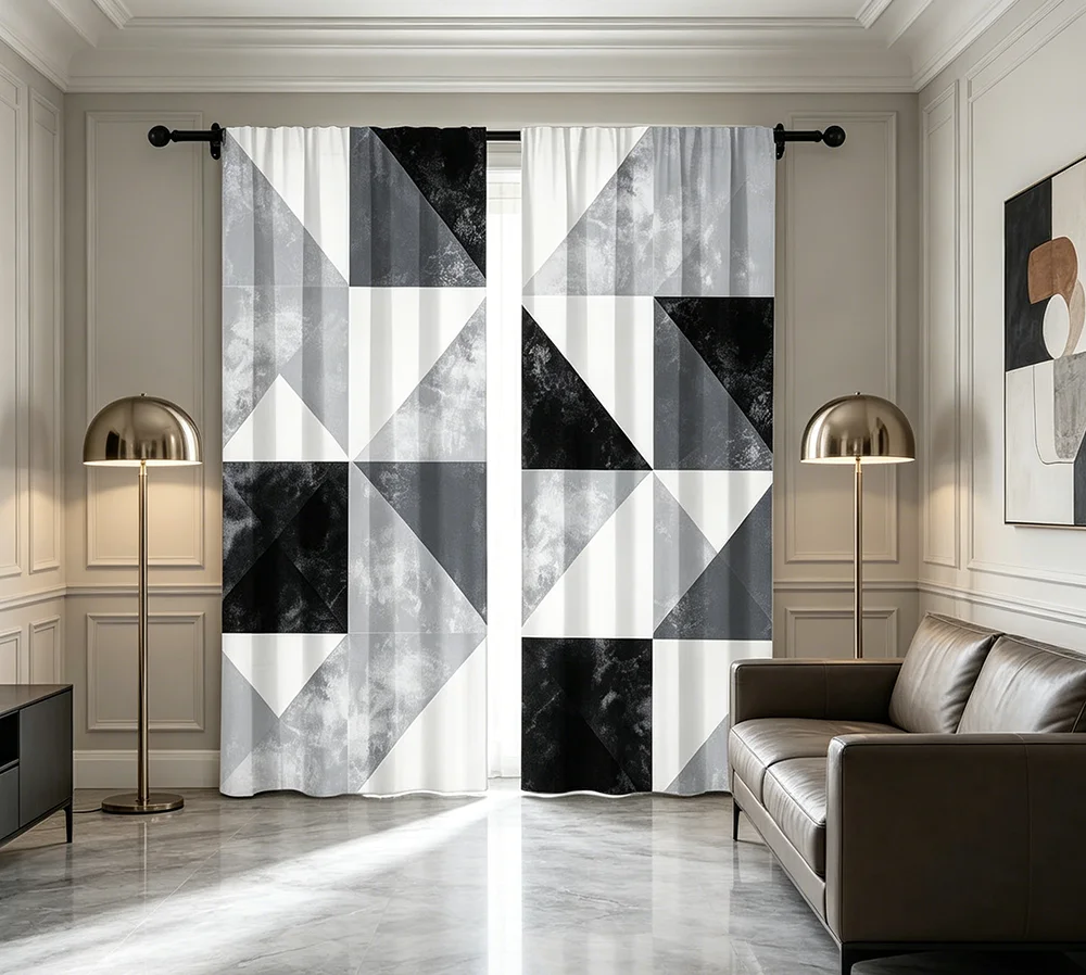 2PCS Digital Printed Curtains, Business Geometric Abstract Office Style, Window Curtains for Living Room Bedroom Home Decoration
