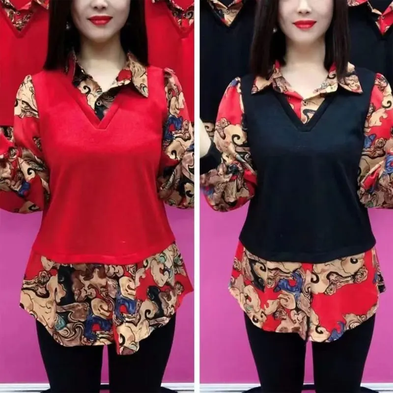 Fake Two Pieces Vintage Printed Spliced Shirt Commute Female Clothing Turn-down Collar Spring Autumn Casual Long Sleeve Blouse