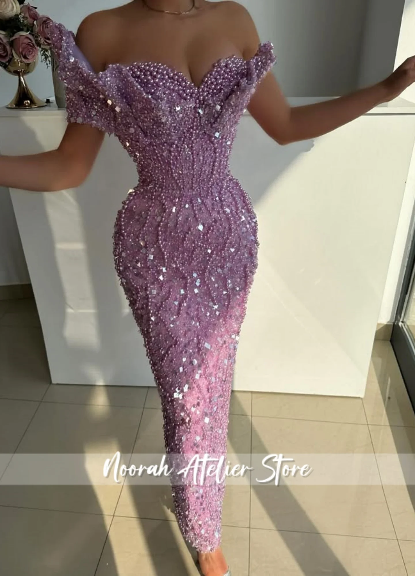 Lilla lucido Una spalla Arabia Saudita Paillettes Perle Abiti da sera di lusso 2025 Abito da sposa فساتmaveraAbito da ballo Personalizzato