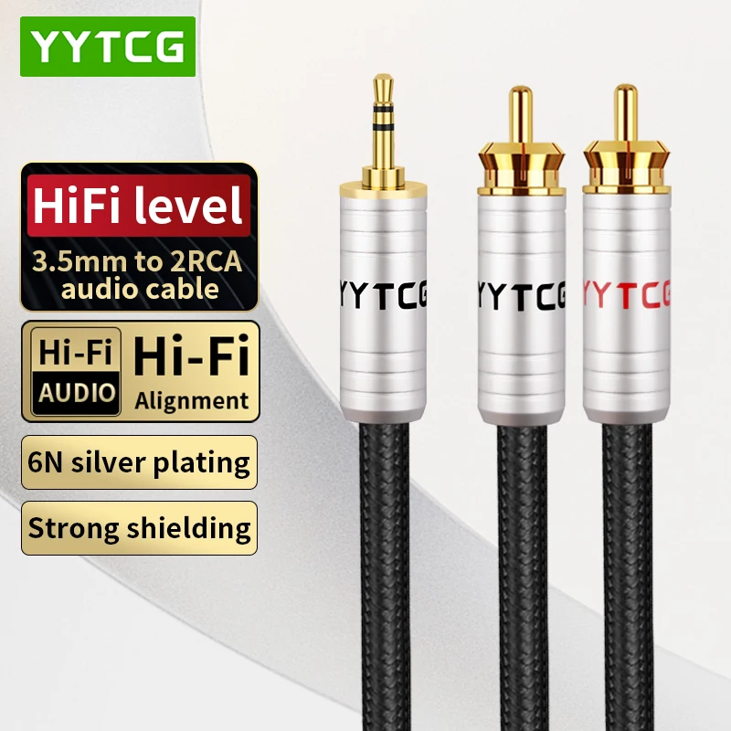 

6N Silver Plated HiFi 3.5mm to 2RCA Audio Cable Noise-free Stereo 3.5 Jack to 2RCA Male for Amplifiers Audio Home Theater Cable