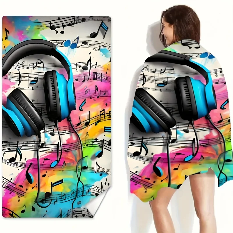 1pc Headphone Note Pattern Beach Towel, Versatile Towel for Seaside Beach Swimming Pool Bathroom Camping Trip Yoga Fitness