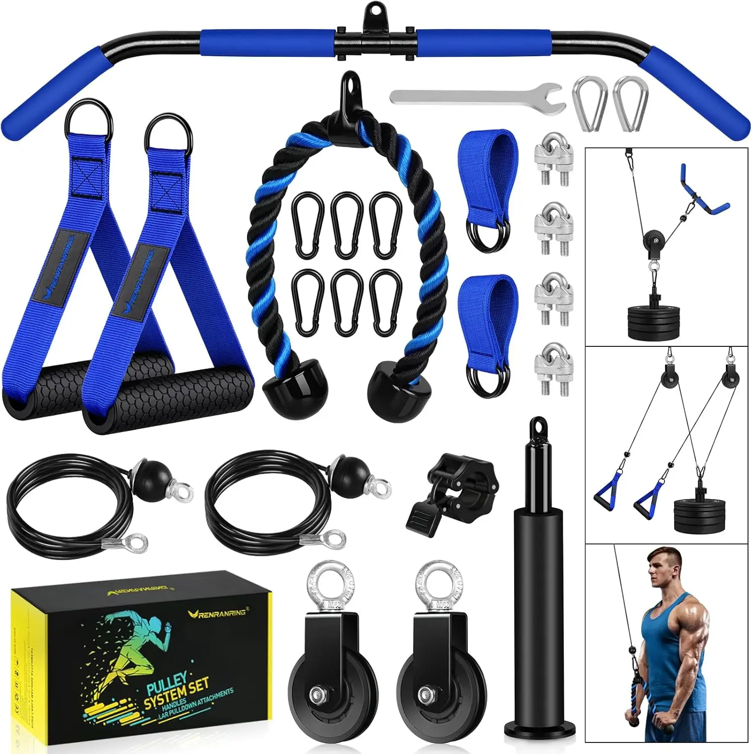 Pulley System Pro Blue, Weight Cable Pulley System for Home Gym,Cable Machine Attachment with 2 in 1 LAT Pull Down Bar