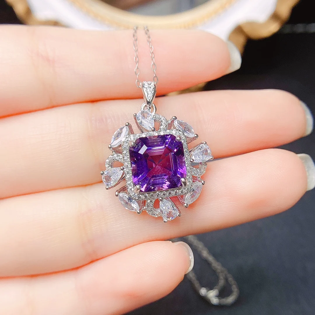 

FS 10mm Natural Amethyst Pendant Necklace S925 Pure Silver With Certificate Fine Charm Wedding Jewelry for Women MeiBaPJ New