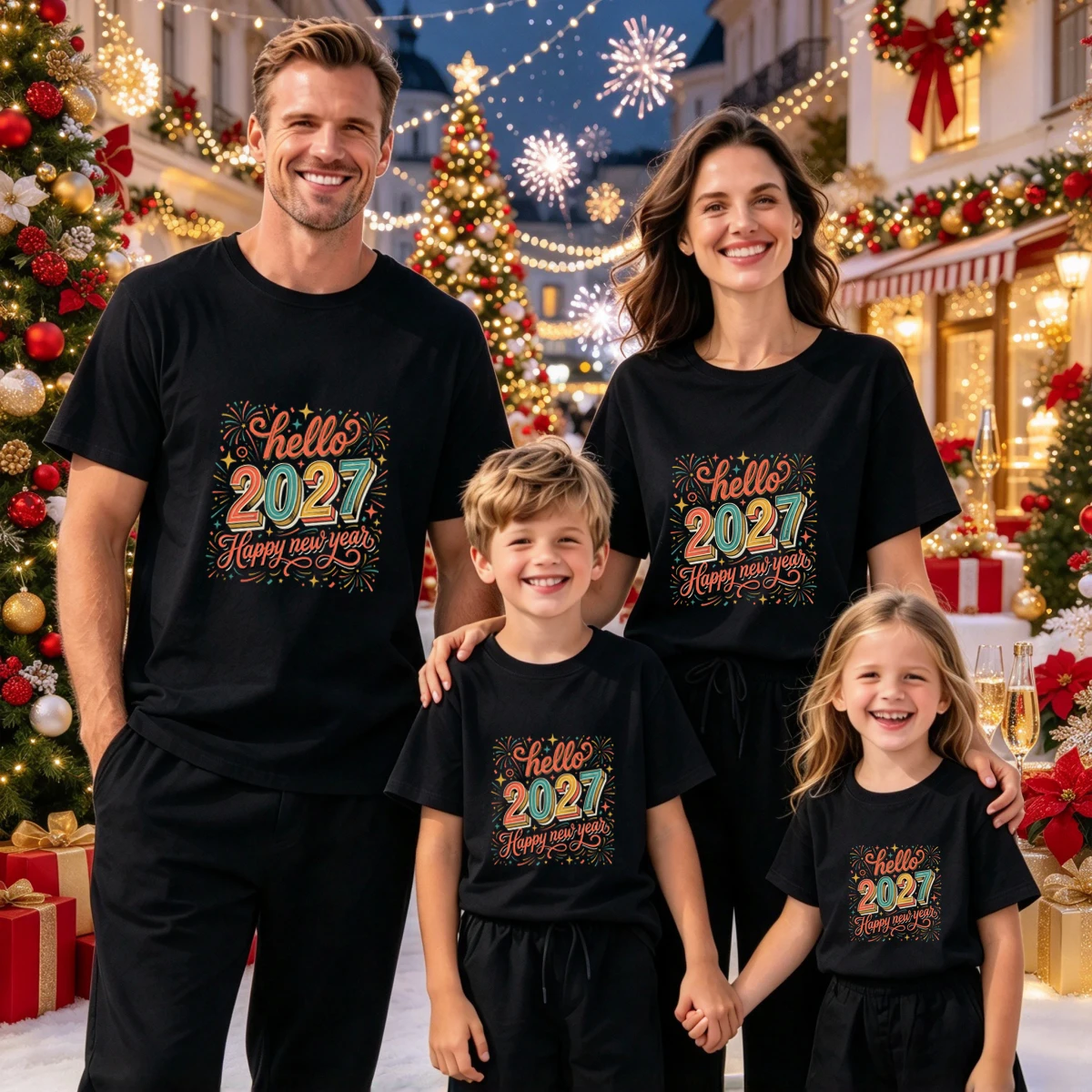 Hello 2027 Happy New Year Firework Graphic Family Matching T-Shirts Dad Mom Kids Matching Outfit Short Sleeve T-Shirt Clothing