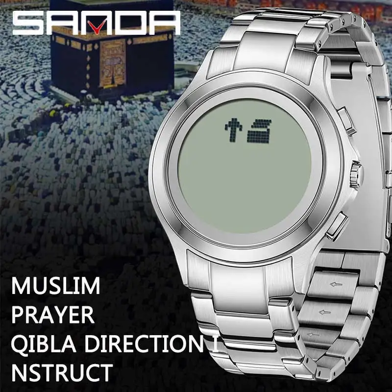 SANDA Muslim LED Digital Watch Women Led Light Display Sport Watch Pilgrimage Time Reminder Qibla Direction Worship Watch