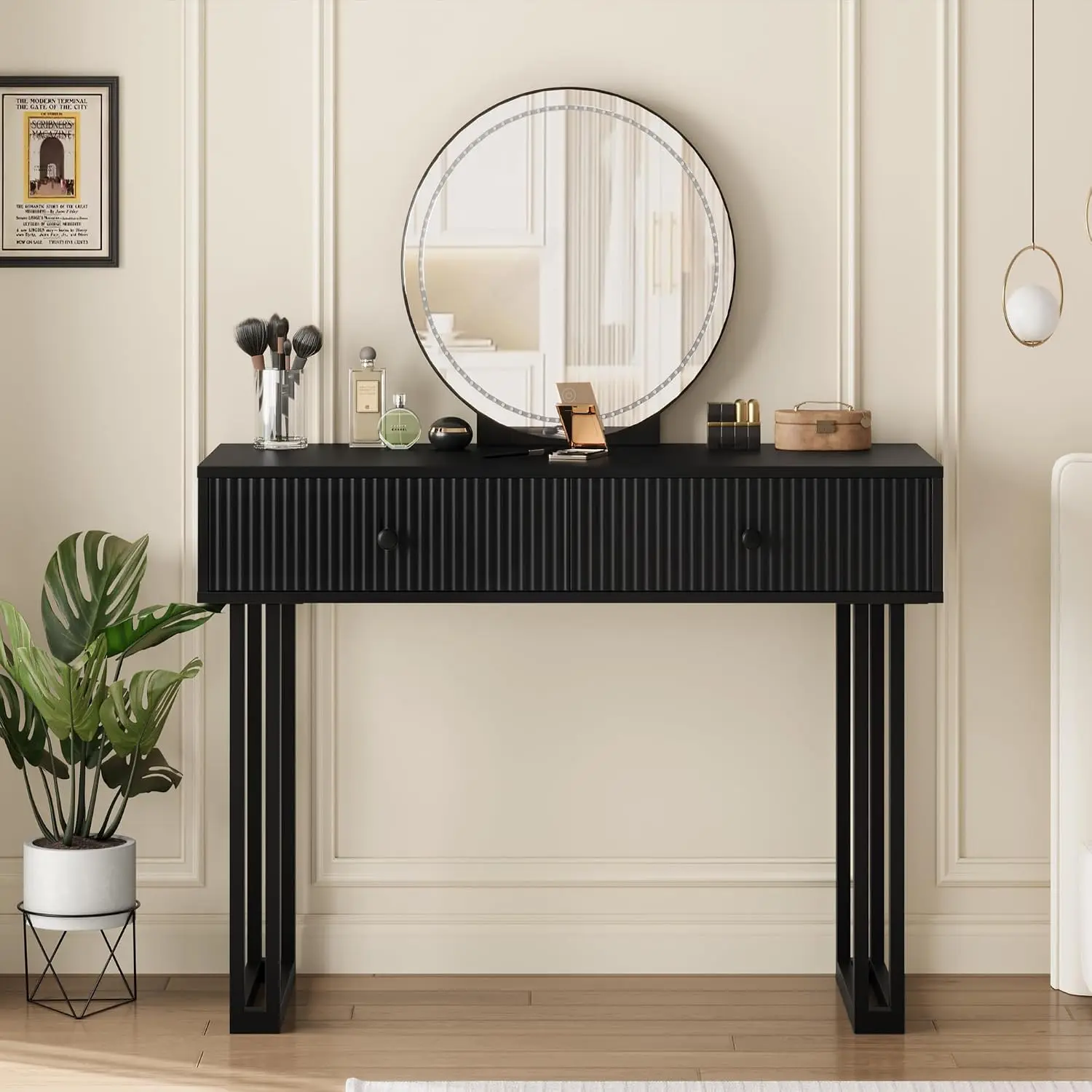 Garvee Modern Black Makeup Vanity Desk with Mirror and Lights, Vanity Table with 3 Color Adjustable Brightness, 2 Drawers for Bedroom Dressing Room