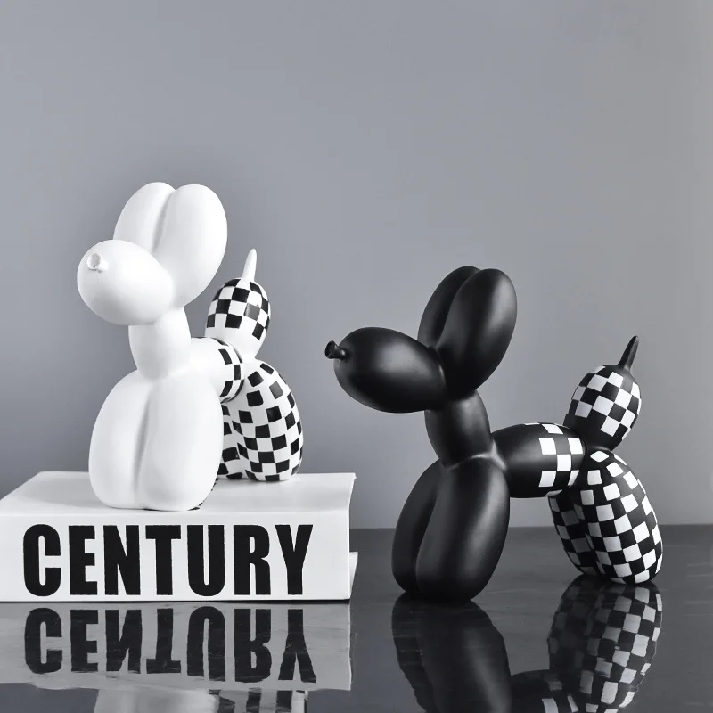 Resin Art Black White Plaid Mosaic Balloon Dog Ornament Figurines Home Interior Living Room Office Bedroom Decor Accessories