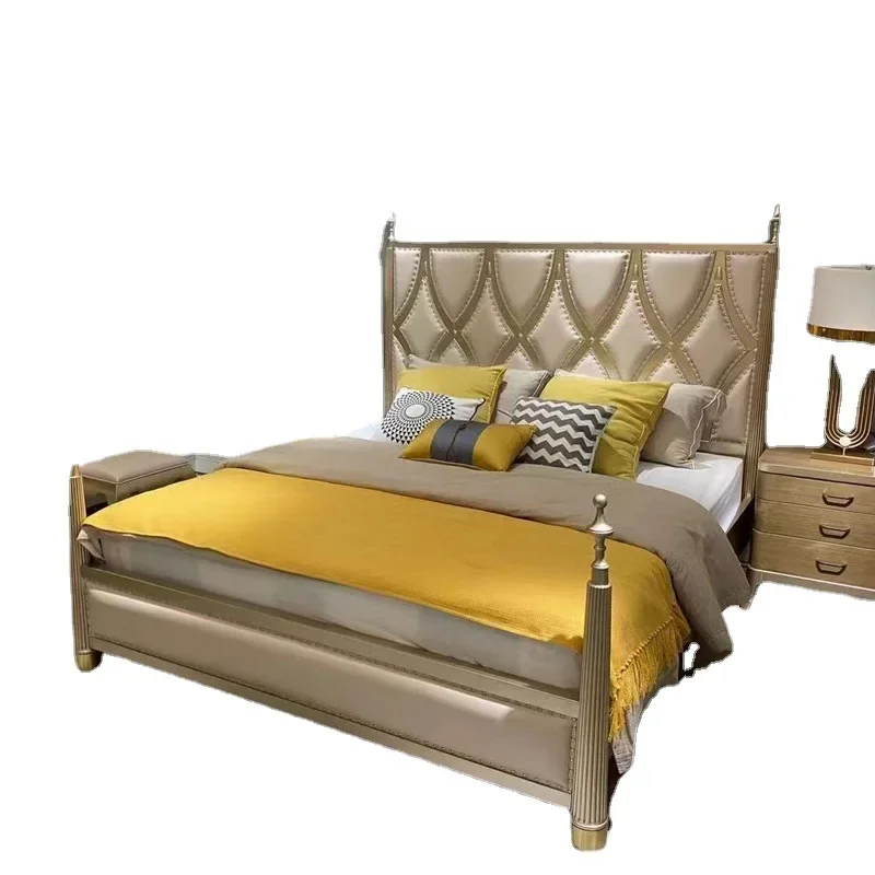 

American light luxury king bed, solid wood, fabric, princess style, double, genuine leather, home furnishing