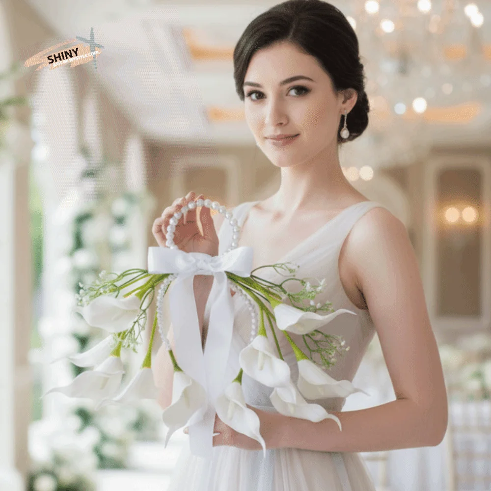 

Pearl Handle Bridal Bouquet Satin Bowknot Creative Shape Wedding Flowers Lightweight Carry Artificial Material