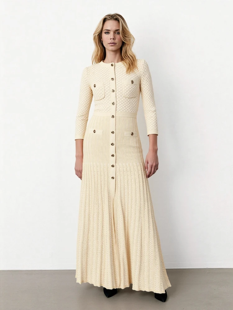 New Single Row Button Hollow Out Long Skirt with Round Neck and Hip Hugging Skirt Tight Fitting and Slimming Knit Dress