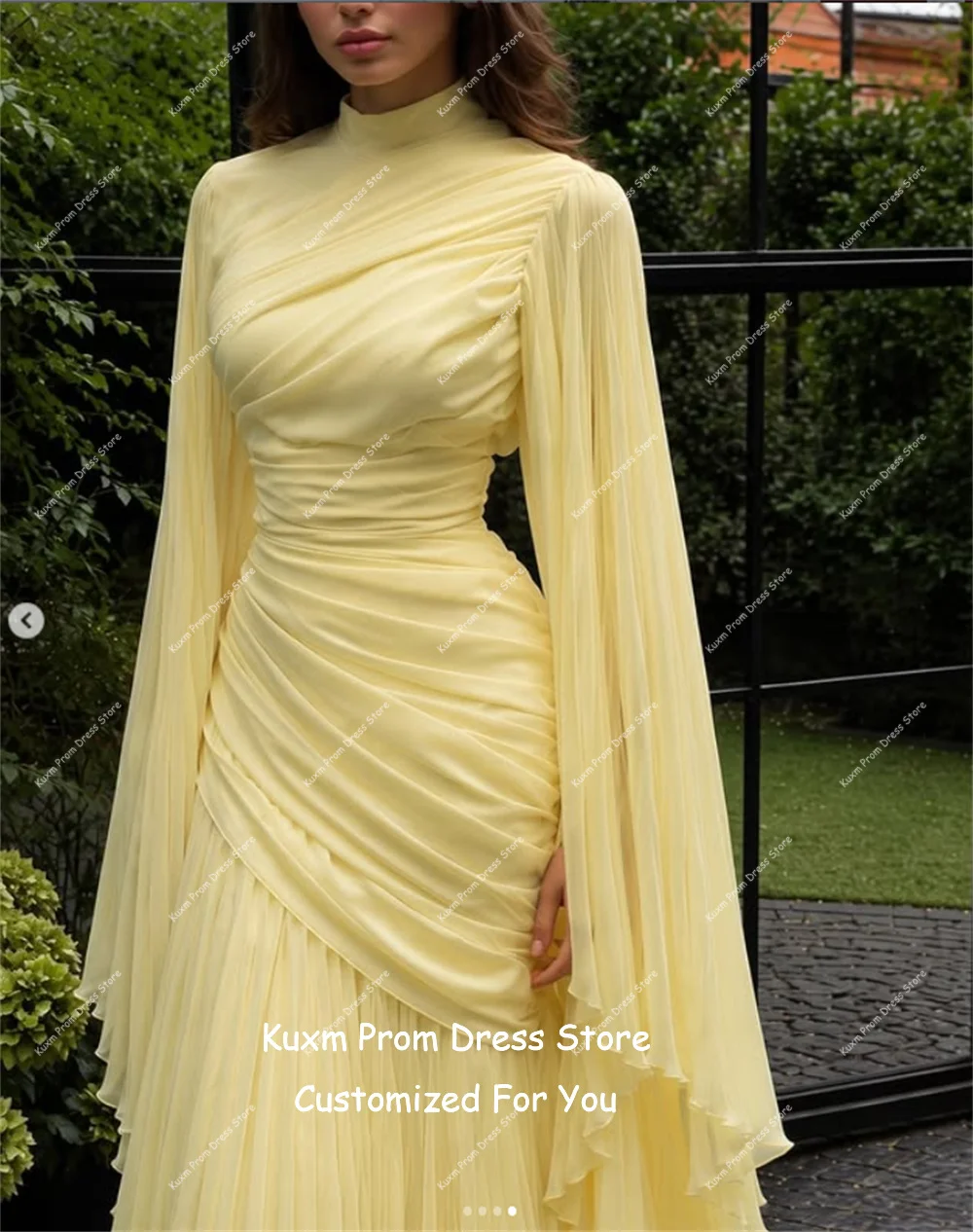 Kuxm Yellow Chiffon A Line Evening Dresses Women High Neck Long Sleeves Prom Gowns Dubai Floor Length Vintage Dress Customized