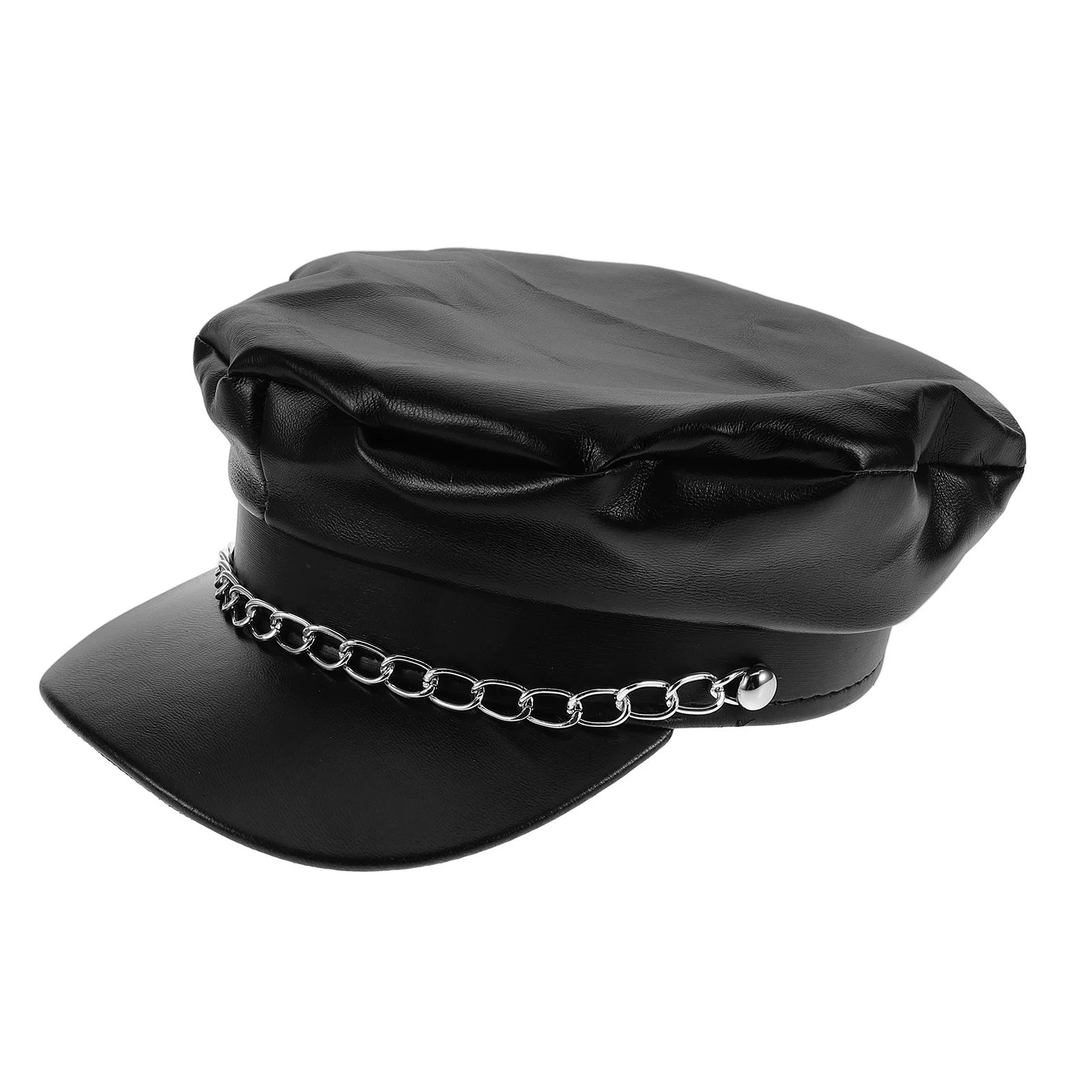 

Navy Cap Pu Iron Chain Flat Top Short Brim Unisex Vintage Newsboy Bakerboy Hat For Daily Party Travel Accessory