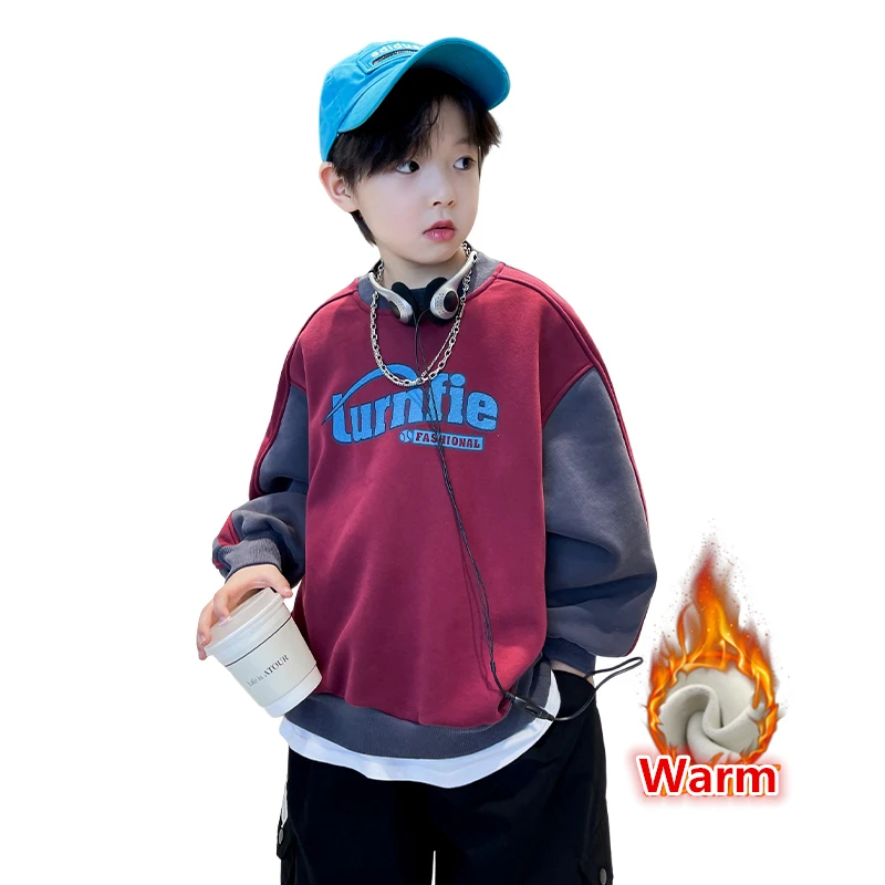 

Boys Sweatshirt Thicken Fleece Winter Warm Clothes Kids Letter Print Loose Korean Outerwear Teen Casual Pullover Tops Sweatshirt