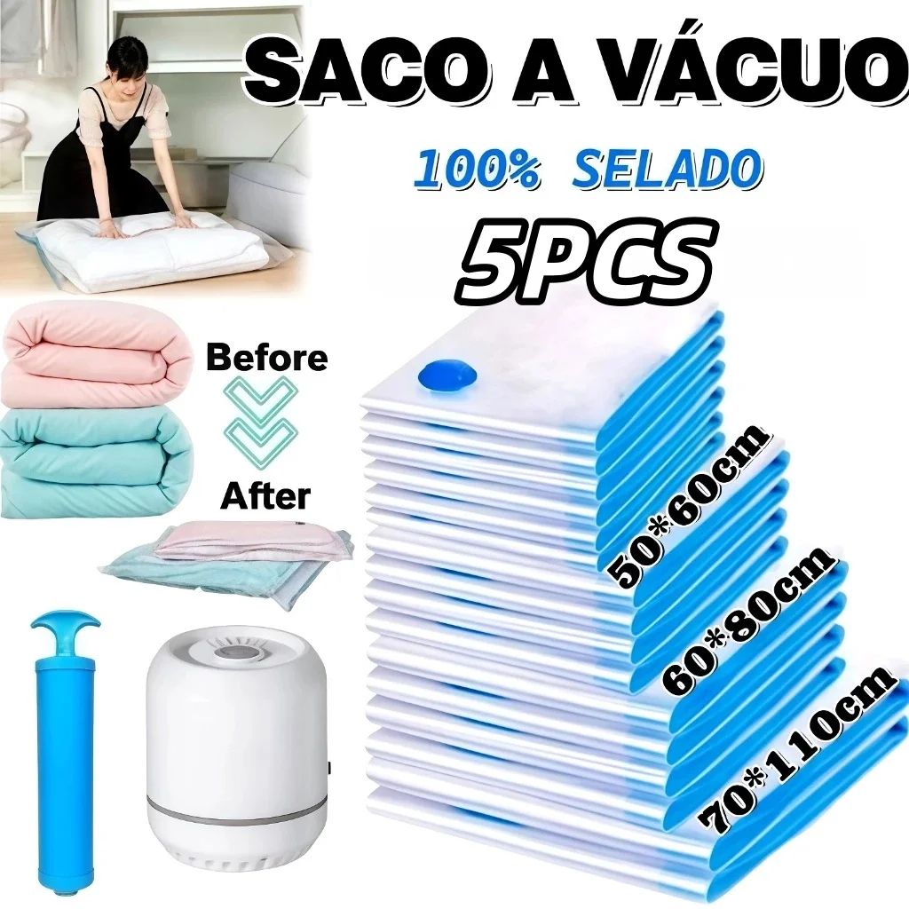 Kit 5 Saco a Vacuo COM ou SEM Bomba Organização de Roupas Mala Viagem Guarda Roupas Edredom Cobertor Vários Tamanhos
