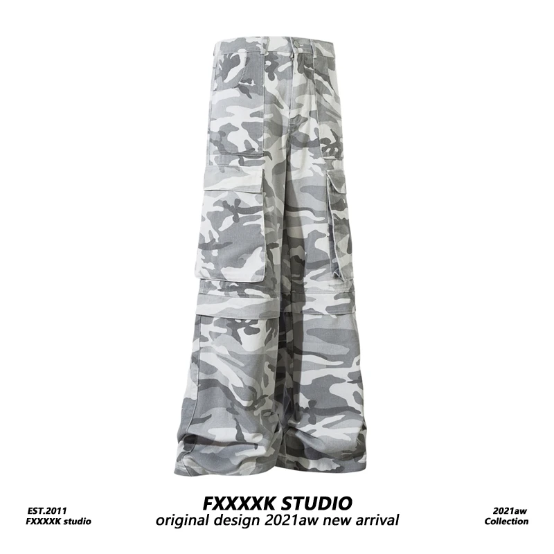 

FXK Original American Retro Waed Distred ey White Camouflage High Street Workwear A-Line Wide Leg Long Pants Men