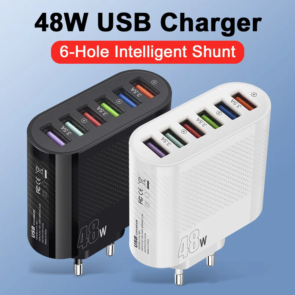 USB Type C Wall Charger 48W 6-Port Fast Charging Block Adapter Plug Compatible For IPhone Android Tablet PC Mobile Phone