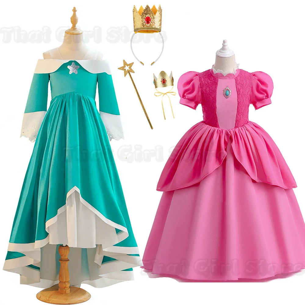 Vestido de princesa Rosalina/Peach de encaje de gasa para niños, Vestidos de fiesta, disfraz de Carnaval y Halloween para niños de 3 a 11 años
