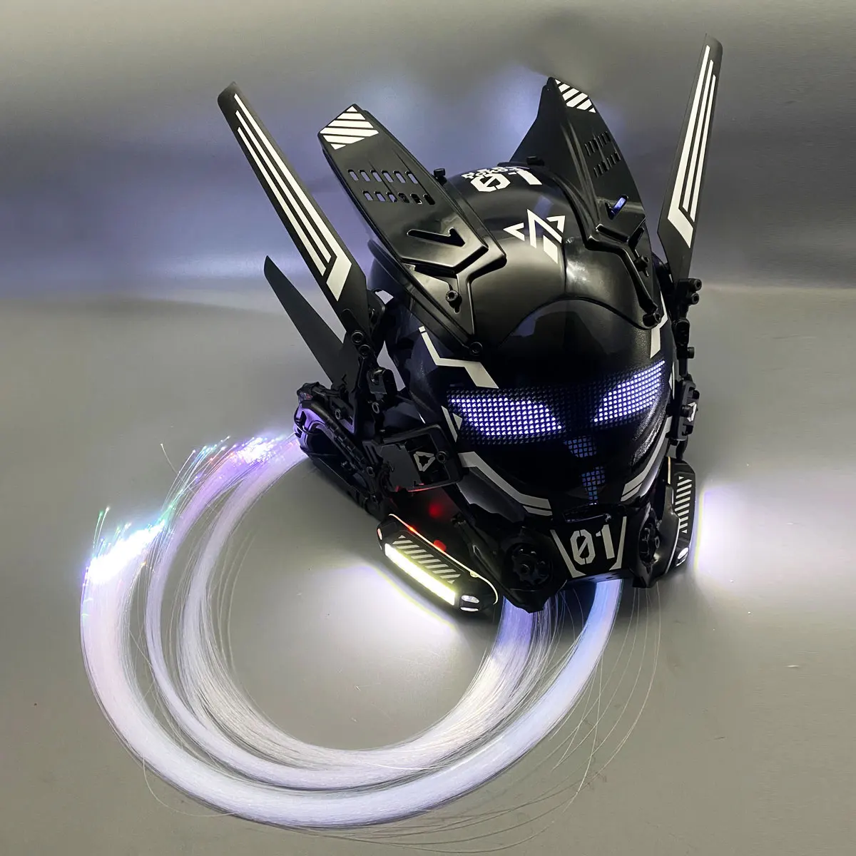 Cyber Punk Mask Cosplay Sci-Fi Mech Warrior With LED Screen And Light Braid Halloween Party Costumes Coser Props Adult Gift
