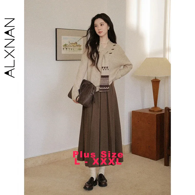 

ALXNAN Plus Size Women's Pullovers V-neck Detachable Scarf Color-blocking Sweaters Autumn Loose-fit Soft Fashion Knitwear D58056