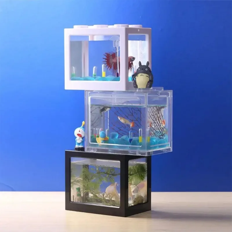 Mini Acrylic Aquarium Transparent Fish Keeper Fishbowl Portable Desktop Fish Tank For Office Landscape Building Blocks Tank