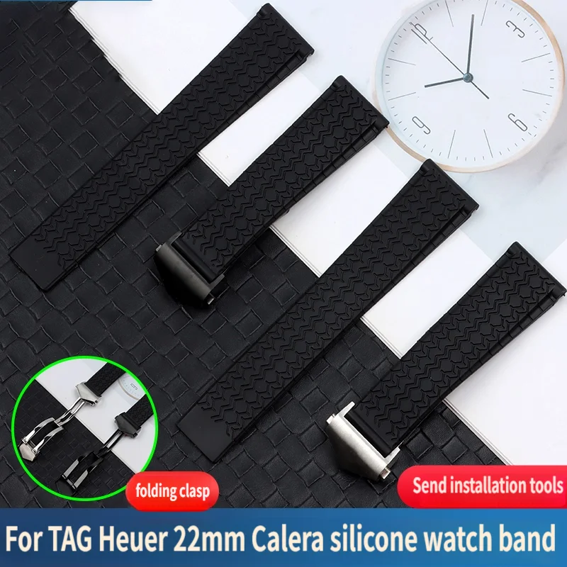 22mm Silicone rubber Black Watch Strap For TAG Heuer CARRER F1 band butterfly buckle watch belt DRIVE TIMER Men Soft Bracelet