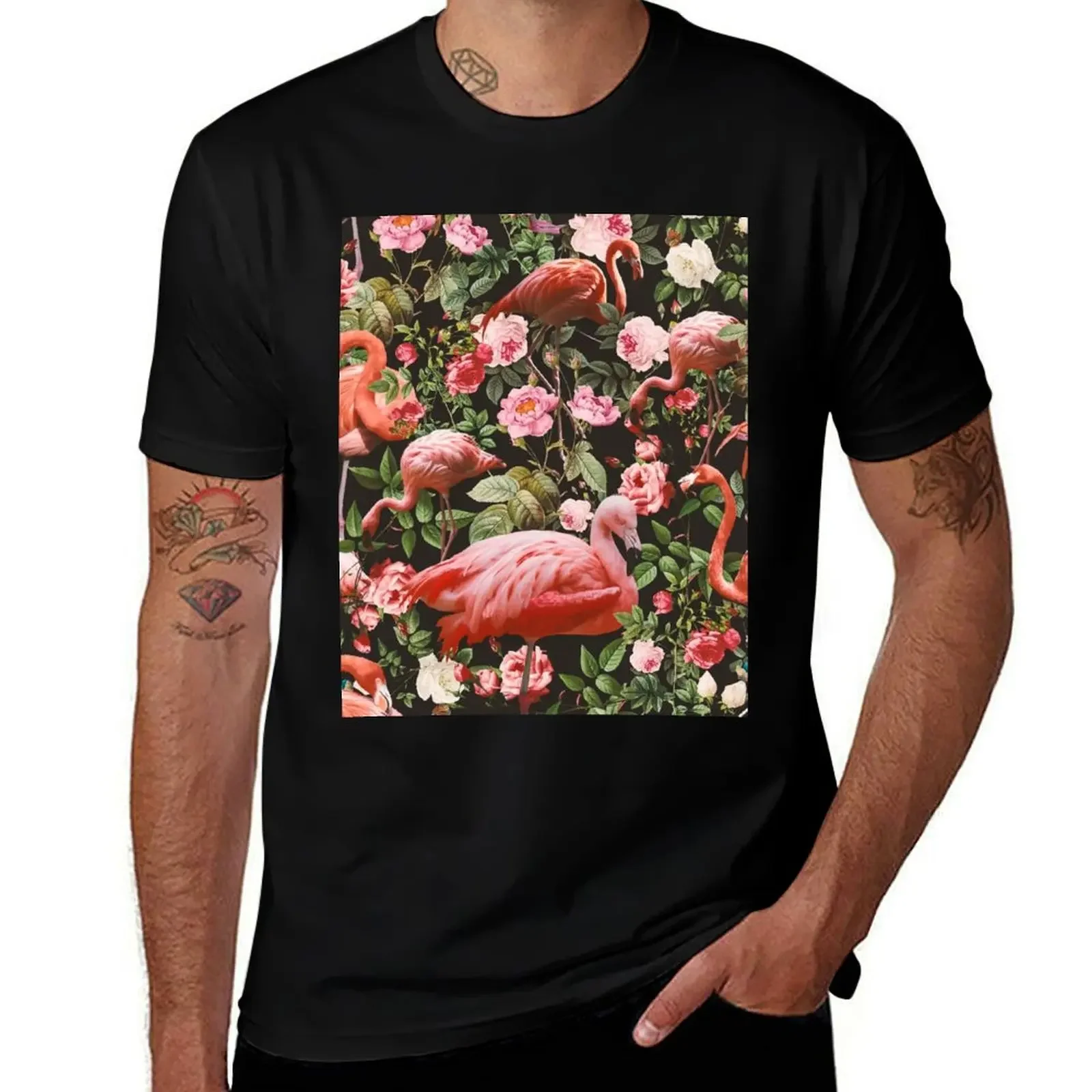 Floral and Flamingo Pattern T-Shirt vintage clothes quick-drying mens t shirts pack