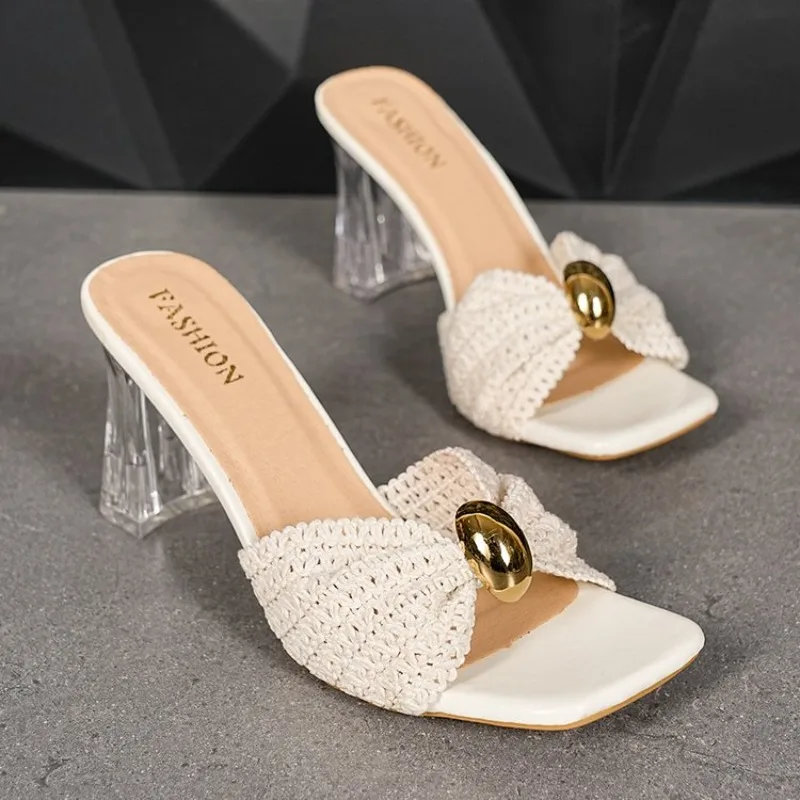 Sommerliche High-Heel-Sandalen für Damen: Gewebte Slip-Ons für den schönen Strandurlaub – Bequeme, modische T-Riemen-Sandalen mit niedrigem Schaft