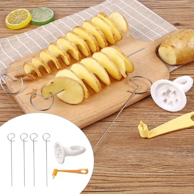 Potato Slicing Knife Skewer Manual Rotating Tower Spiral Cyclone Potato Roll Slicing Knife Skewer Cut Potato Roll Gadgets