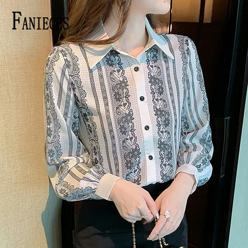 

FANIECES Elegant Chiffon Women's Blouse Vintage Printed Long Sleeve Shirts Houndstooth Tops Blusas Slim OL Workwear Рубашки