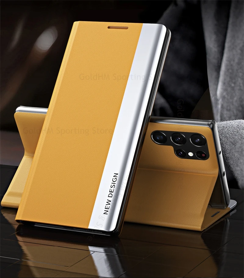 

6D Plating Leather Flip Kickstand Case For Samsung S26 Ultra S25 Edge S24 Ultra S23 S22 Plus Magnetic Stand Cover Full Protector