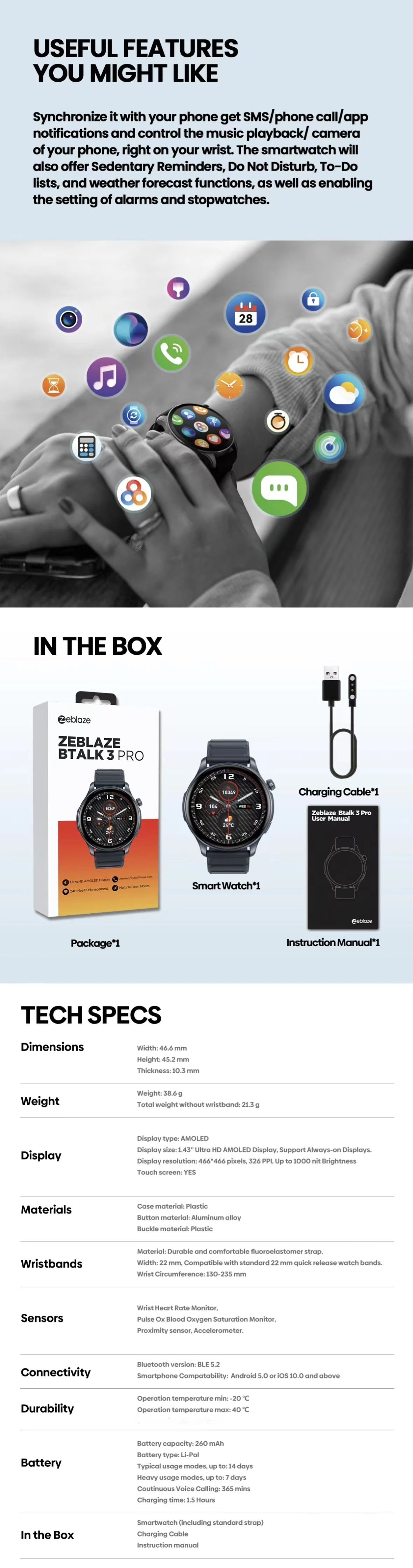 Neue zeblaze btalk 3 pro smart watch 1.43 "amoled display bluetooth telefonate smartwatch gesundheit und fitness tracking – Detail 5