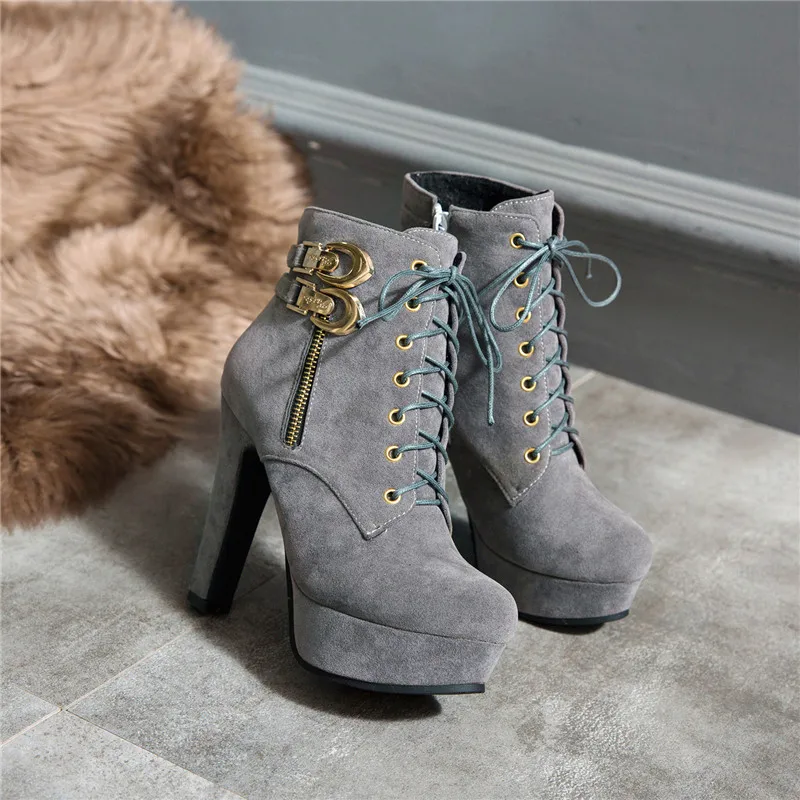 Women High Heel Ankle Boots Platform High Heels Shoes Fashion Round Toe Buckle Fall Winter Suede Women Short Black Size 34-48