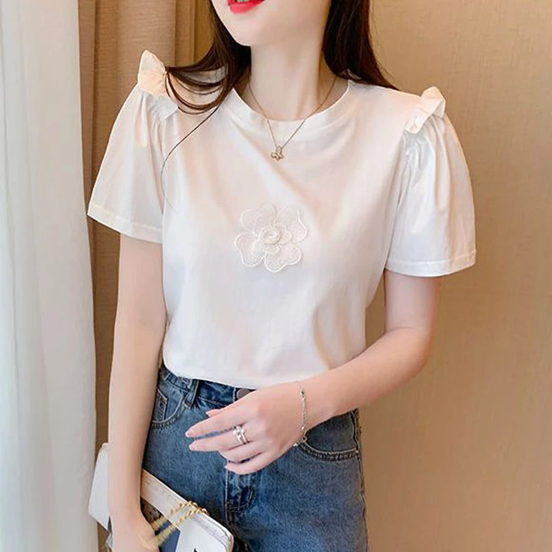 Women Korean Style Ruffle 3D Fllower Sweet Y2K Cotton T Shirt Summer Casual Chic Short Sleeve Solid Tops Ropa De Mujer Camisetas