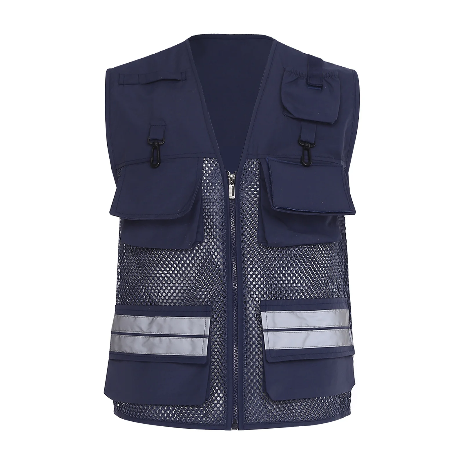 سترة عاكسة للبالغين من الجنسين بتصميم V-neck مع سحاب أمامي وجيوب متعددة، قميص شبكي مسامي بدون أكمام للصيد وركوب الدراجات ليلاً والورشات