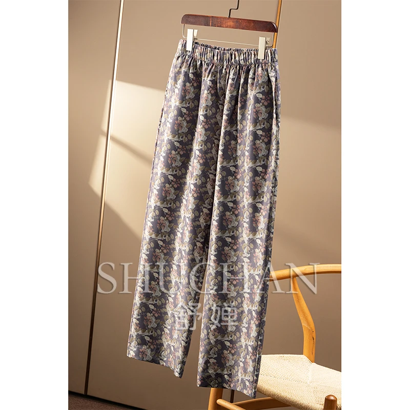 에스닉 스타일 프린팅 실크 전기 방적 탄성 허리 스트레이트 팬츠 여성 바지 여름 2025