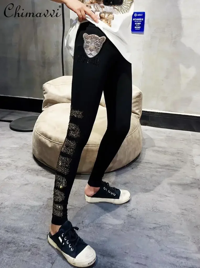 

Luxury Trendy Brand Heavy Hot Diamond Leggings Autumn New European Embroidered Tiger Head Side Letters Tight Temperament Pants