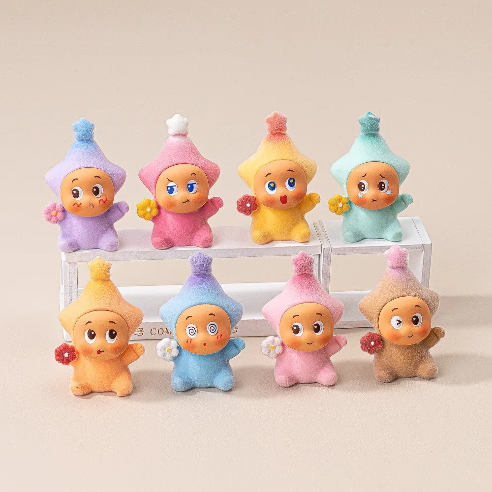 꽃 장식이 있는 귀여운 별 모양 인형 레진 피규어 블라인드 박스 책상 장식 DIY 공예품 어린이 및 성인용